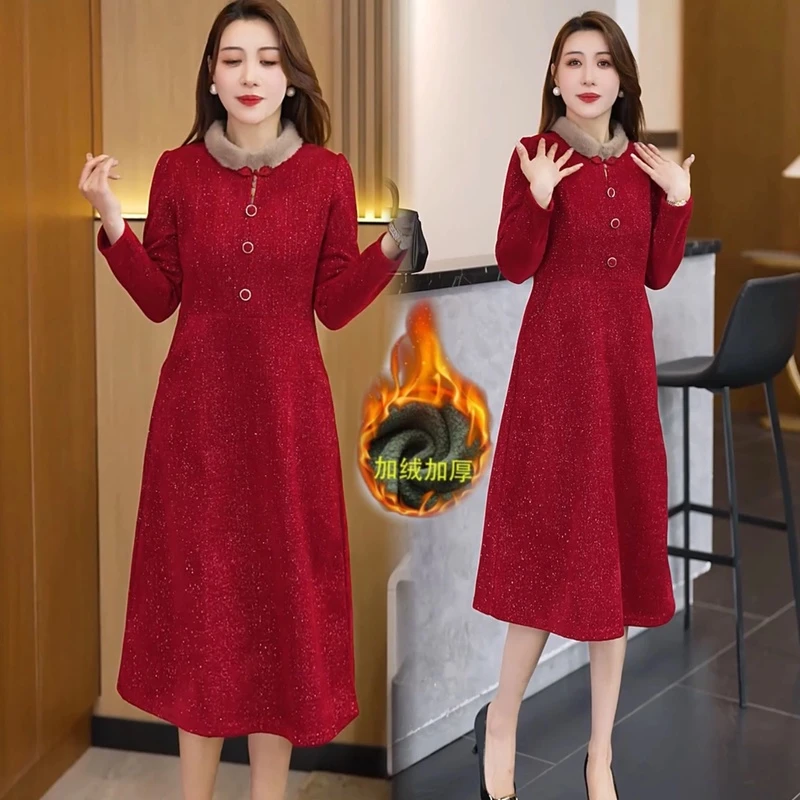 高档洋气灯芯绒妈妈装连衣裙秋冬加绒加厚气质显瘦中长款连衣裙