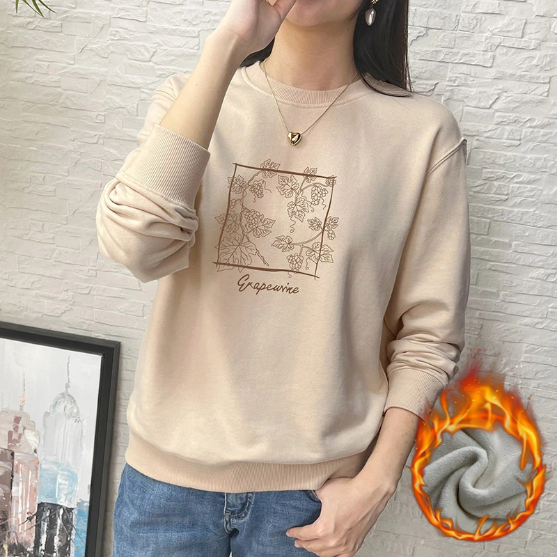 加绒加厚圆领无帽卫衣女2022秋冬新款宽松韩版上衣AT60036-葡萄藤