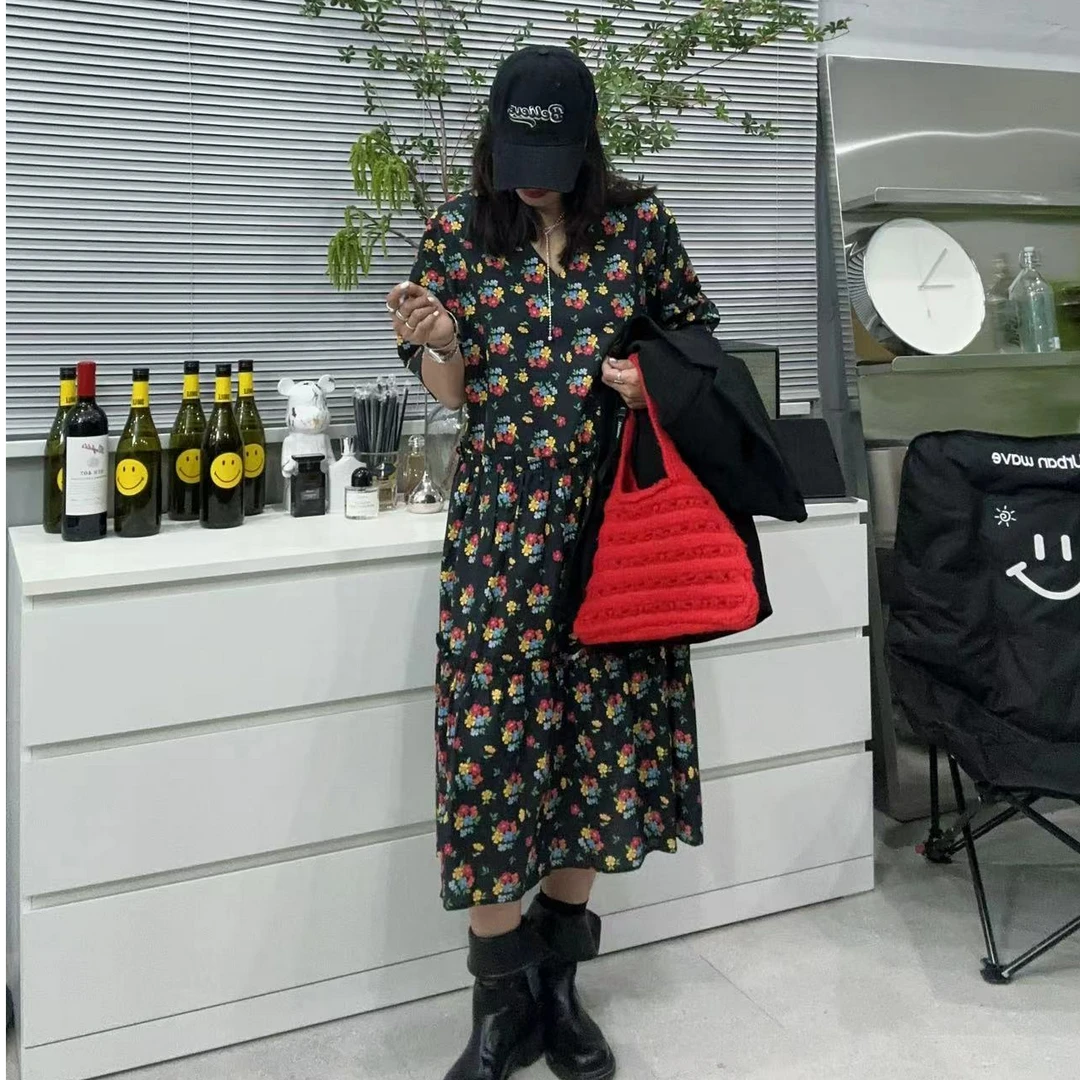 SISTERS【早秋新品】碎花圆舞曲黑底连衣裙【胸围59CM裙长113CM】