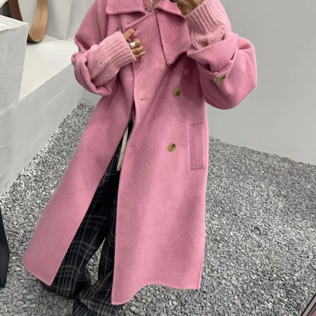 SISTERS【长116CM】人面桃花相映红-粉色双面羊绒大衣【显白】