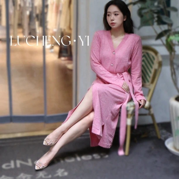 反季清仓！气质玫粉色针织修身气质女人味连衣裙