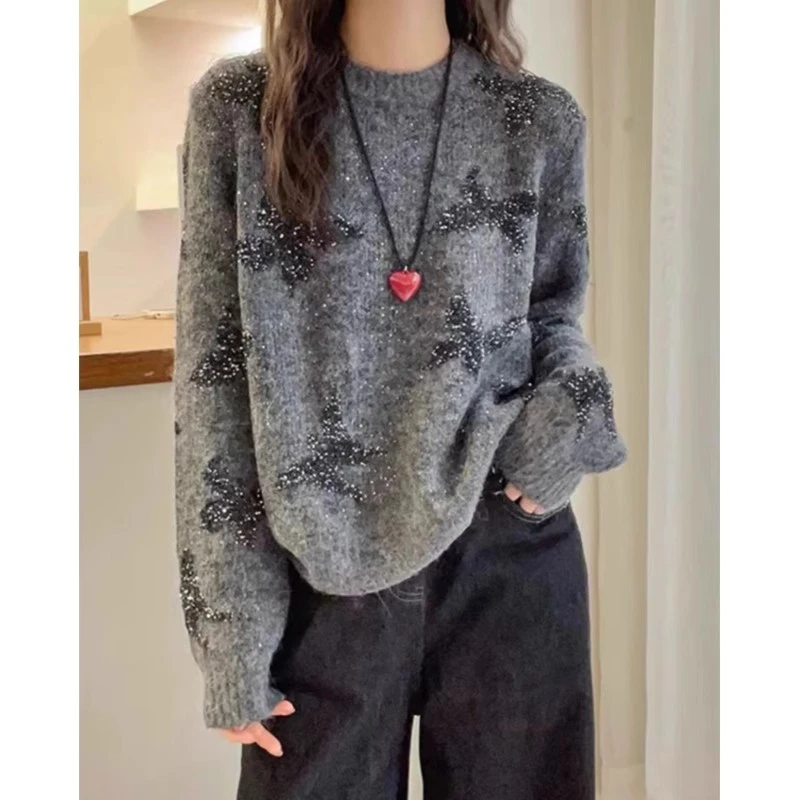慵懒风灰色重工亮片圆领套头毛衣女秋冬亮片季宽松气质针织上衣