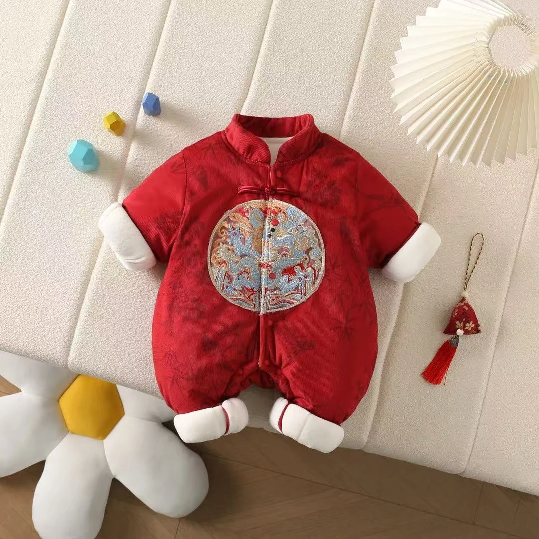 新中式男童汉服冬季连体衣新款国风儿童周岁礼服宝宝拜年服爬服
