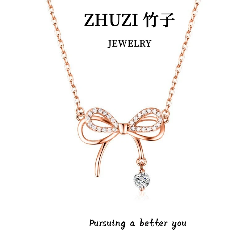 吊坠925银合成锆石 S999纯银蝴蝶结项链女韩版轻奢高级感吊坠镶钻