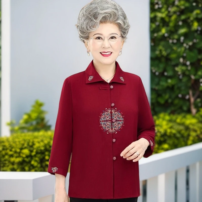 中老年人夏装女奶奶春装T恤妈妈装洋气衬衫宽松60-70岁80老人上衣