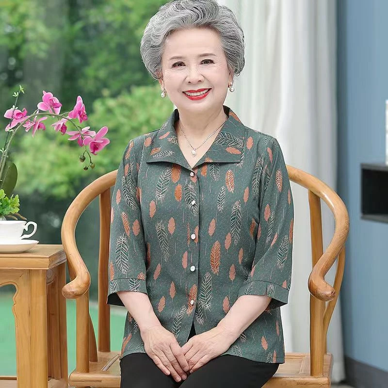 中老年人夏装女衬衫60岁70奶奶装中袖薄款老人衣服妈妈装休闲上衣