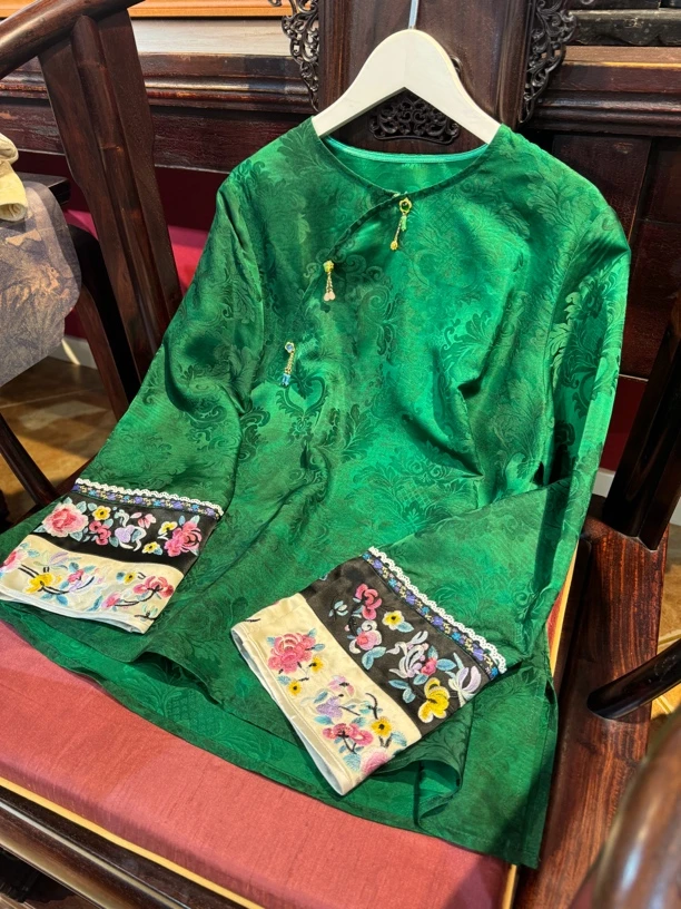 『常念』原创设计高端重工刺绣圆领复古中国风早秋炒色长袖衬衫