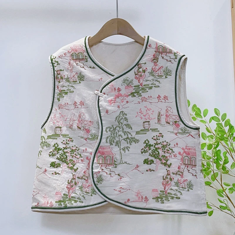 【重工刺绣】中式复古宽松斜襟苎麻夹棉马甲51325中国风