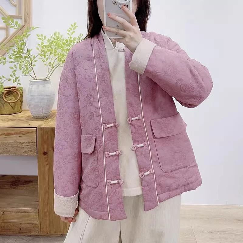 【小暖】冬季中式复古宽松手工盘扣V领禅意棉服51323