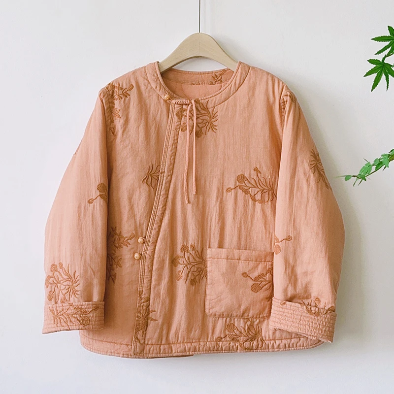 【南湘】苎麻刺绣复古斜襟夹棉宽松改良中式棉衣棉服袍子 51902