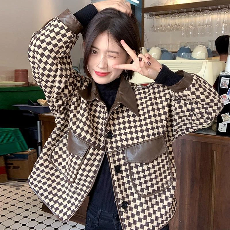 小香风外套女春秋季百搭2023新款韩系感小个子千鸟格短款上衣复古