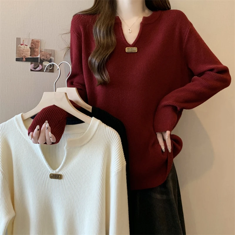 圣诞红色新年款秋冬大码V领打底毛衣女温柔套头百搭针织上衣