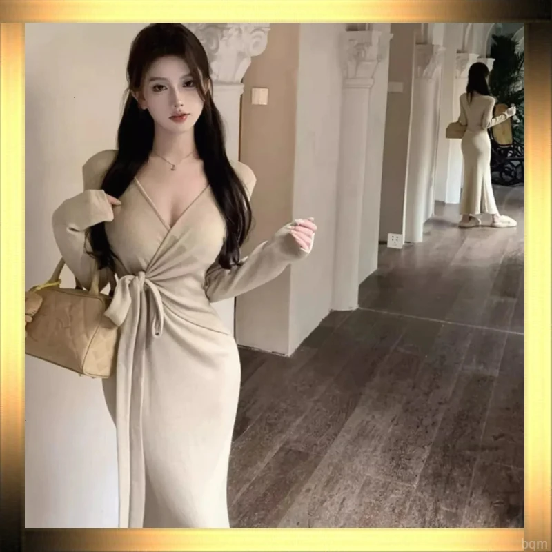 后妈裙交叉领长袖针针织女秋冬打底内搭包臀气质裙子绑带修身长裙