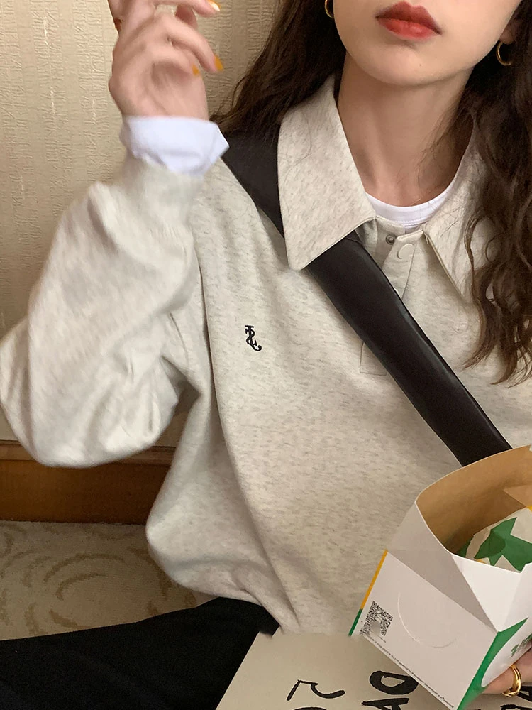 慵懒风polo领卫衣女春秋款设计感小众刺绣宽松休闲长袖上衣女无帽