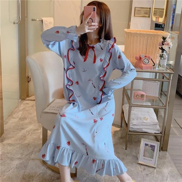 睡裙女春秋长袖韩版孕妇超长款过膝及踝长裙脚踝睡衣2024年新款夏