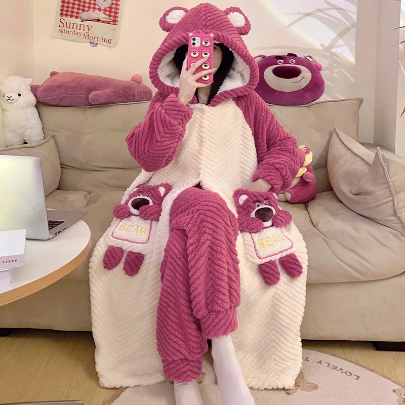 卡通冬季睡衣女保暖网红珊瑚绒长款睡袍厚加绒可爱连帽家居服袍套