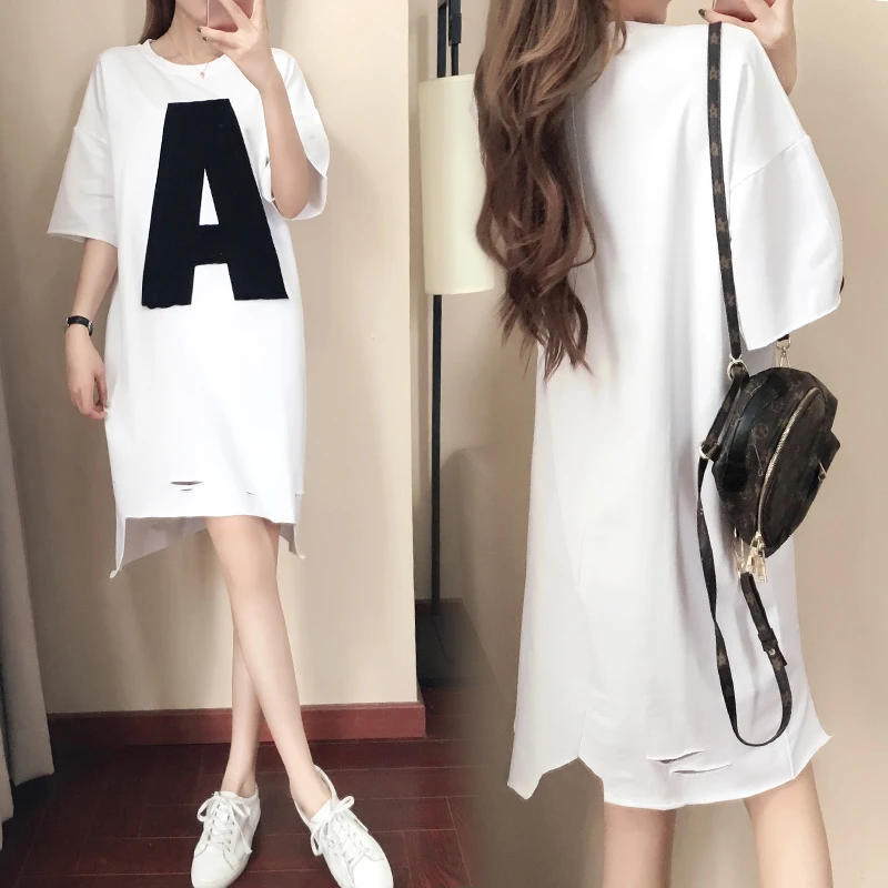 爆款大码女装夏季新款半袖胖mm宽松显瘦遮肚中长款短袖女装连衣裙
