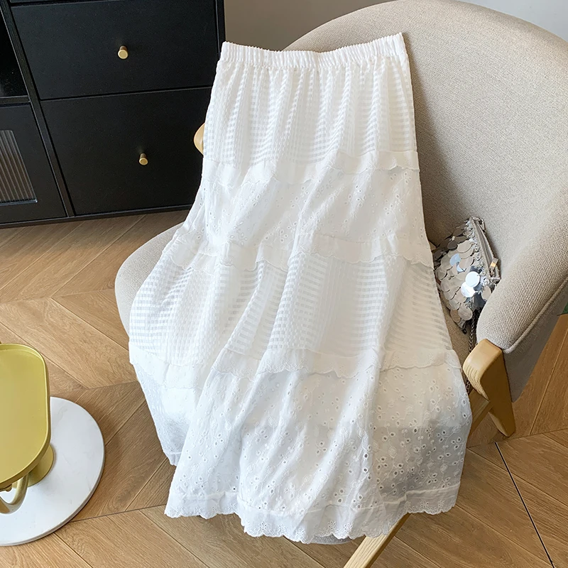 新品夏季新款ins白色蛋糕裙蕾丝高腰A字裙女花边中长款半身裙子女
