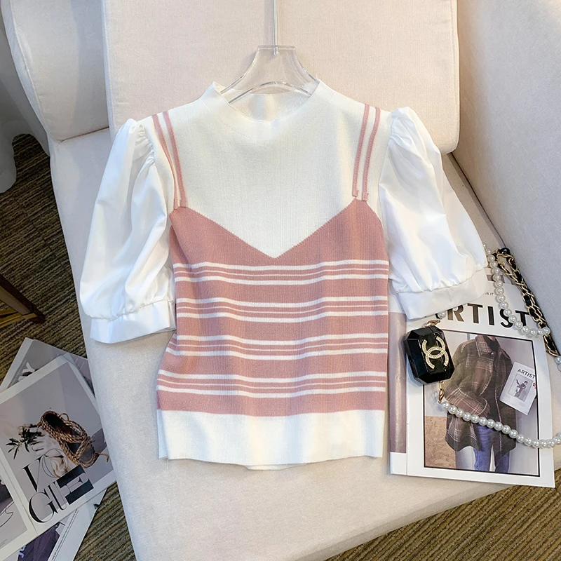 新品夏季新款韩版洋气ins设计感短袖T恤小众冰丝针织衫拼接上衣女