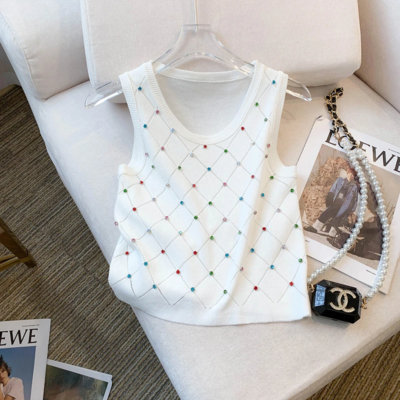新品夏季新款韩版洋气女装烫钻钉珠背心吊带修身款辣妹冰丝针织女