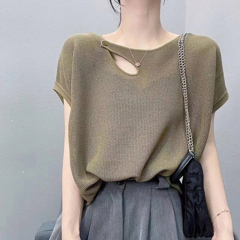 夏季宽松不规则设计感冰丝短袖T恤女纯色薄款镂空显瘦套头针织衫
