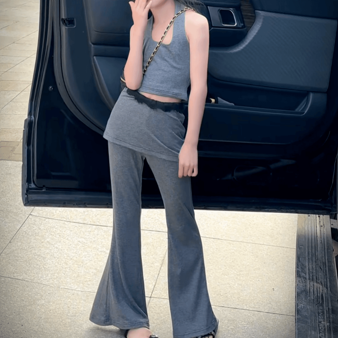 女童短款挂脖背心上衣甜酷辣妹套装夏季蕾丝喇叭休闲裤两件套大童