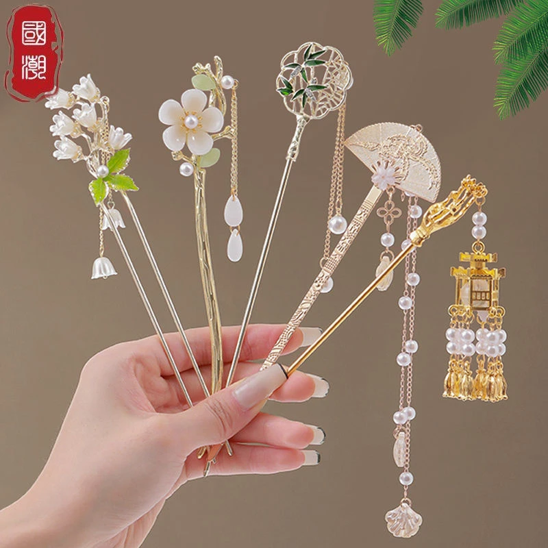 弥贤国风新中式步摇扇子珍珠流苏发簪女古风高级感汉服盘发簪子