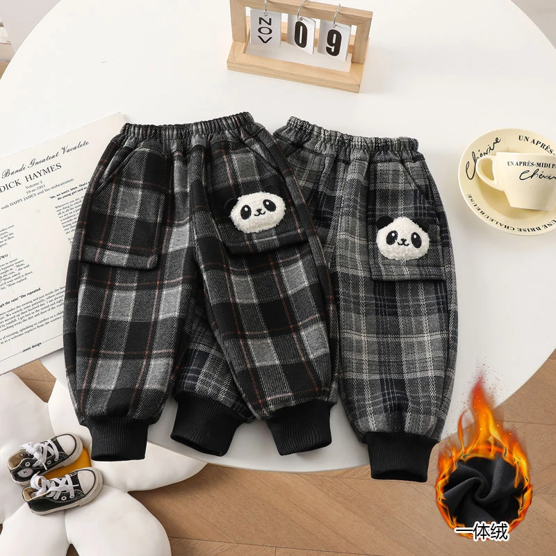 男童长裤秋冬加厚宝宝格子加绒裤子冬季女童一体绒儿童新款卫裤潮