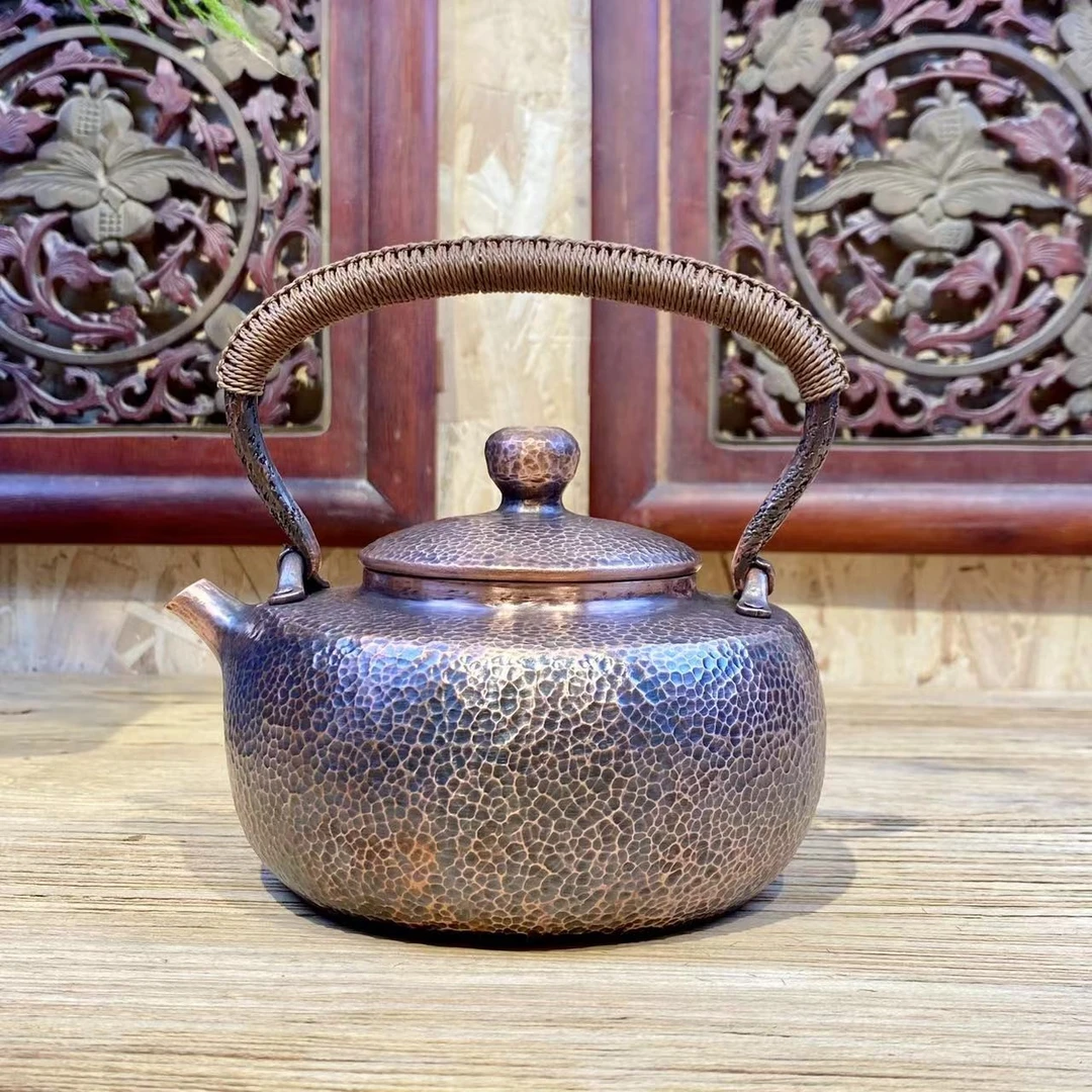 侘寂风锤纹扁壶 约1000cc紫铜纯手工一张打煮水提梁壶高档煮茶壶