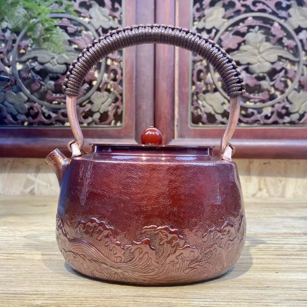 浪花平肩壶火烤色约1200cc紫铜手工錾刻煮烧水茶具茶壶铜煮茶器具