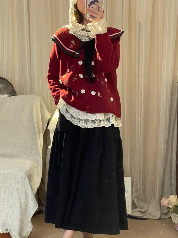 CHEN｜黑色斜纹棉口袋秋款厚口袋半身裙