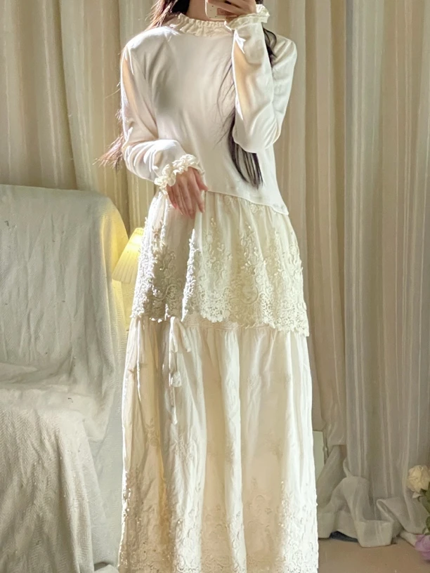 CHEN｜【月光】仙气刺绣立体花薄绒中高龄花边棉打底衫