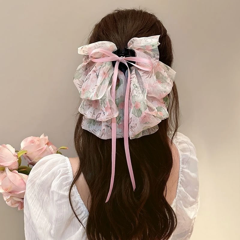 超仙碎花大蝴蝶结飘带小抓夹高级感发夹女后脑勺鲨鱼夹子发饰发卡