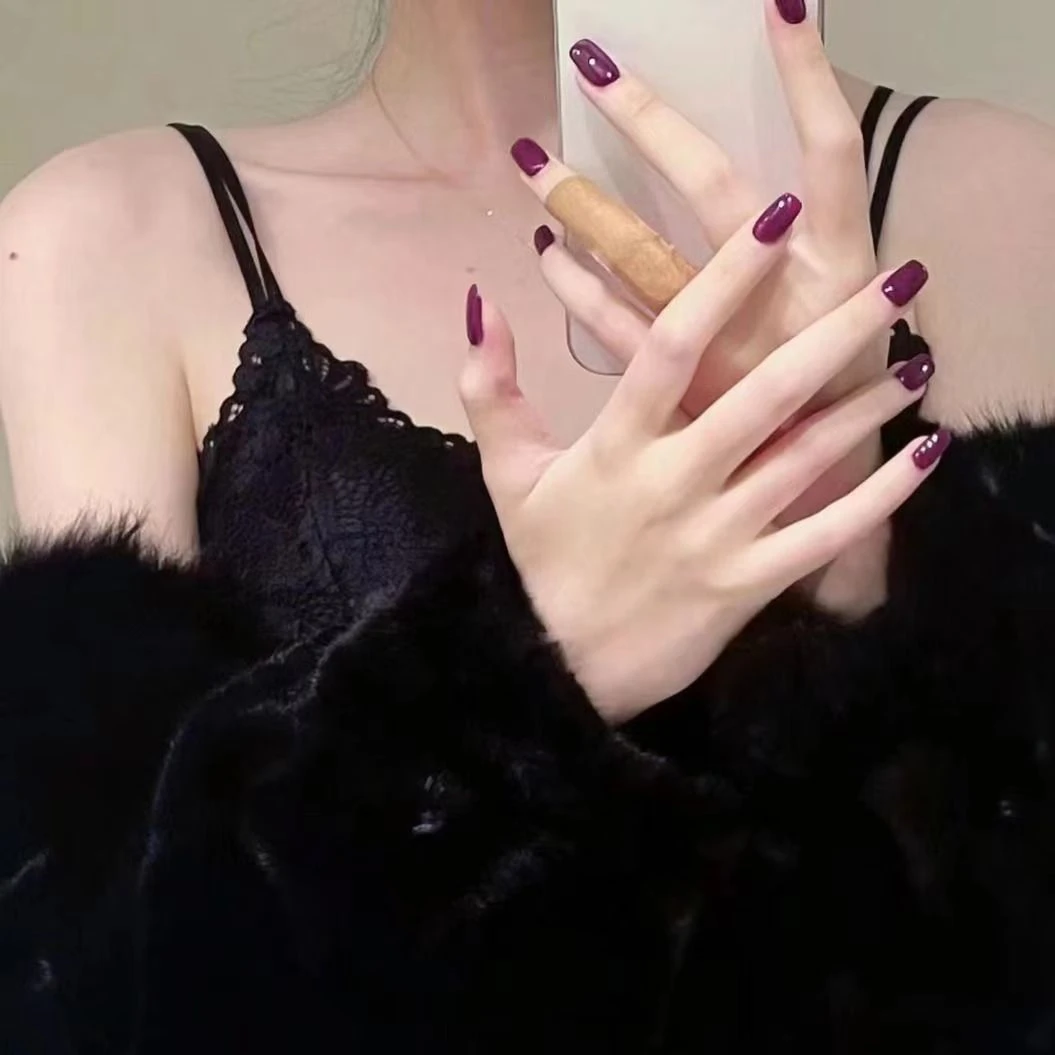 爆款复古紫色穿戴指甲纯色美甲黑加仑富贵紫色穿戴甲短款