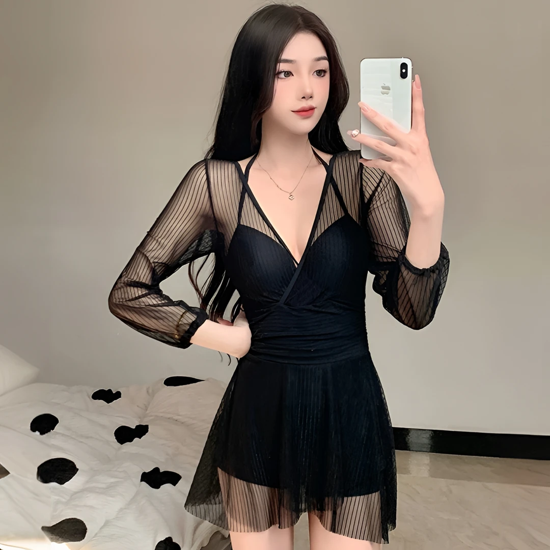 禧谷泳衣女款连体裙式遮肚显瘦保守蕾丝长袖小胸钢托温泉泳装2356