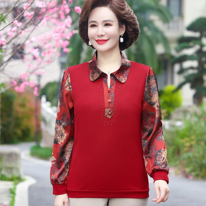 妈妈衬衫春装打底衫上衣女针织长袖T恤春秋小衫薄款60岁中老年人