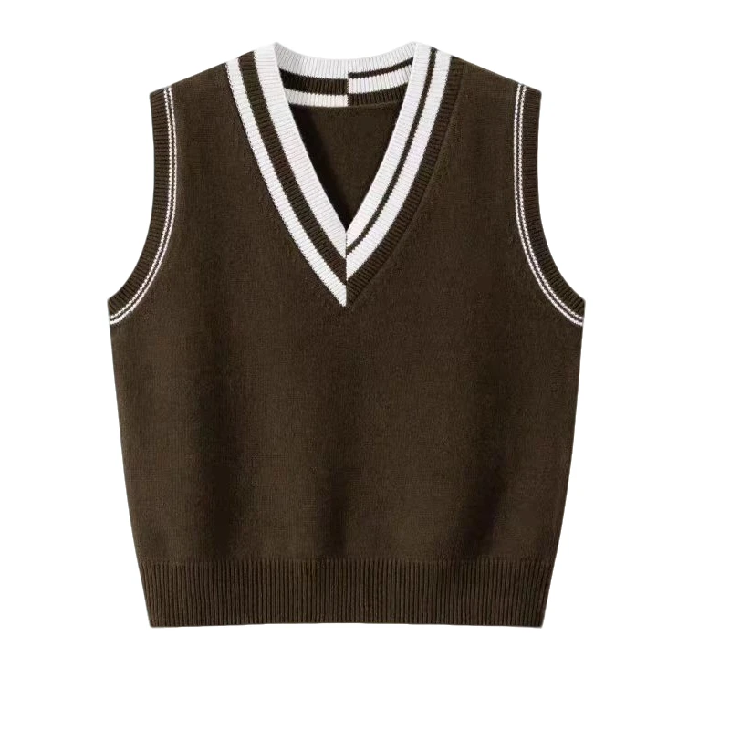 100%绵羊毛时尚拼色V领针织马甲女2025新款秋冬叠穿毛衣坎肩百搭