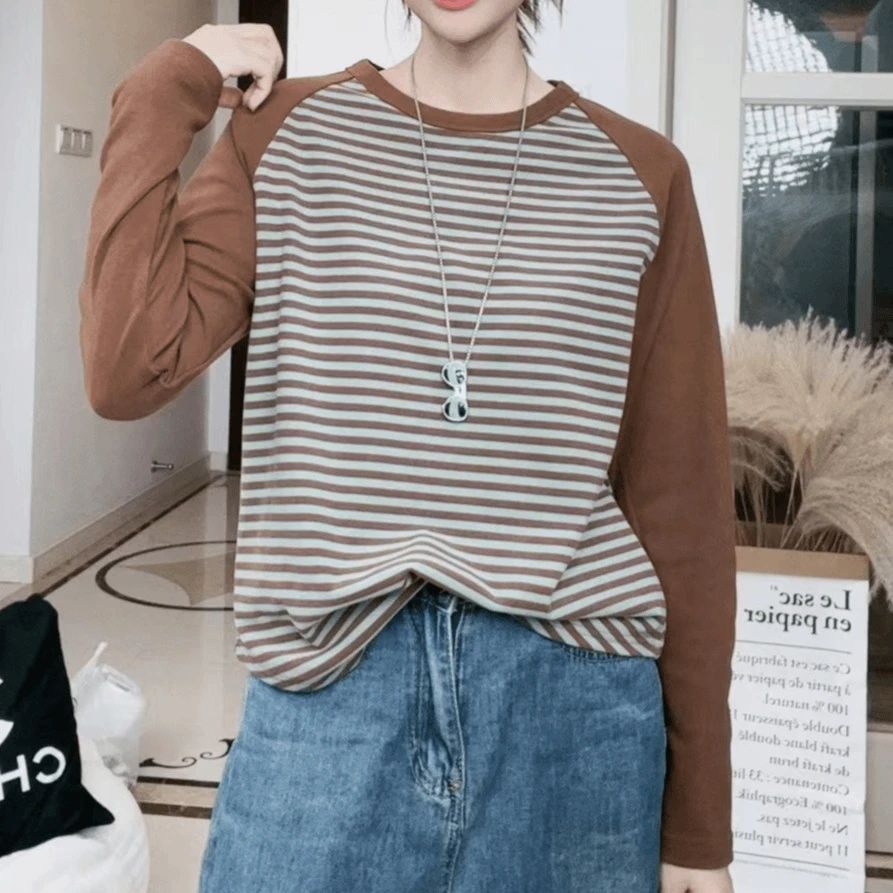 秋冬暖新款-双面磨毛绒条纹插肩长袖t恤女打底衫肩显瘦内搭上衣01