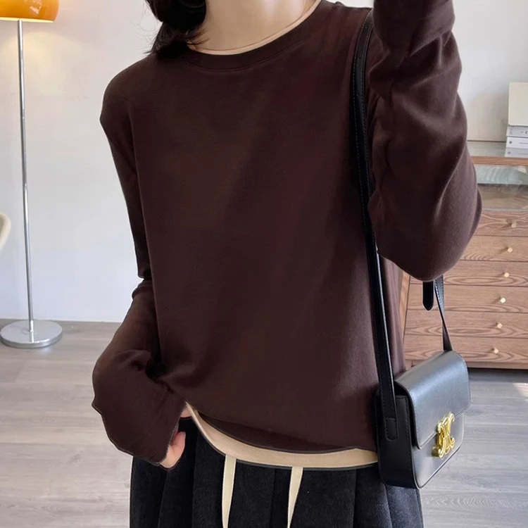 超柔双面磨毛绒假两件设计长袖T恤女秋冬新款韩版圆领内搭打底衫1