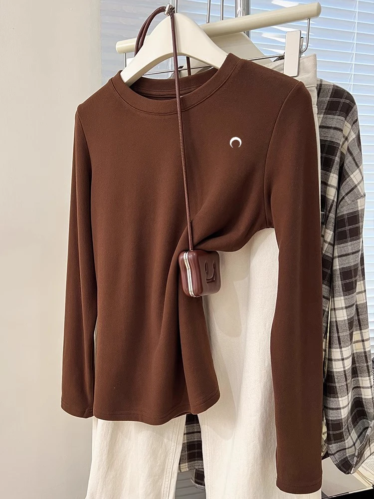 秋冬暖新款-双面磨毛绒月亮刺绣长袖t恤女打底衫肩显瘦内搭上衣