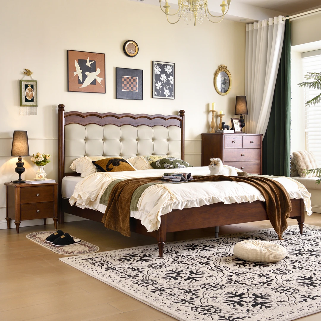 法式复古实木床美式轻奢黑色双人床家用主卧室温莎软包床中古风床