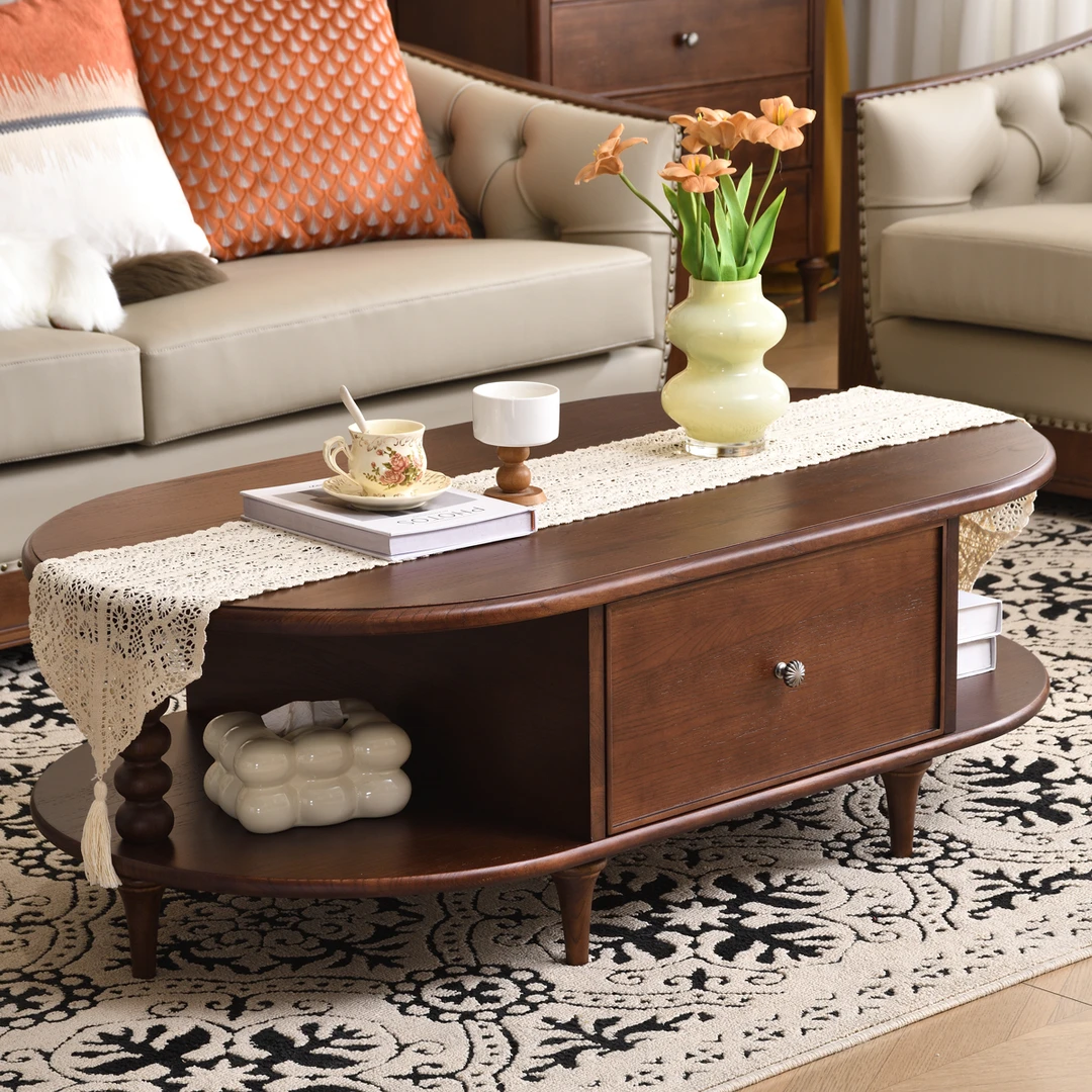 法式复古实木茶几可移动小户型客厅茶几轻奢中古家用椭圆形茶桌子