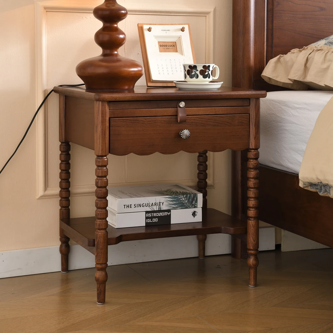 法式复古风白蜡木全实木床头柜美式中古风边几床边柜储物柜收纳柜