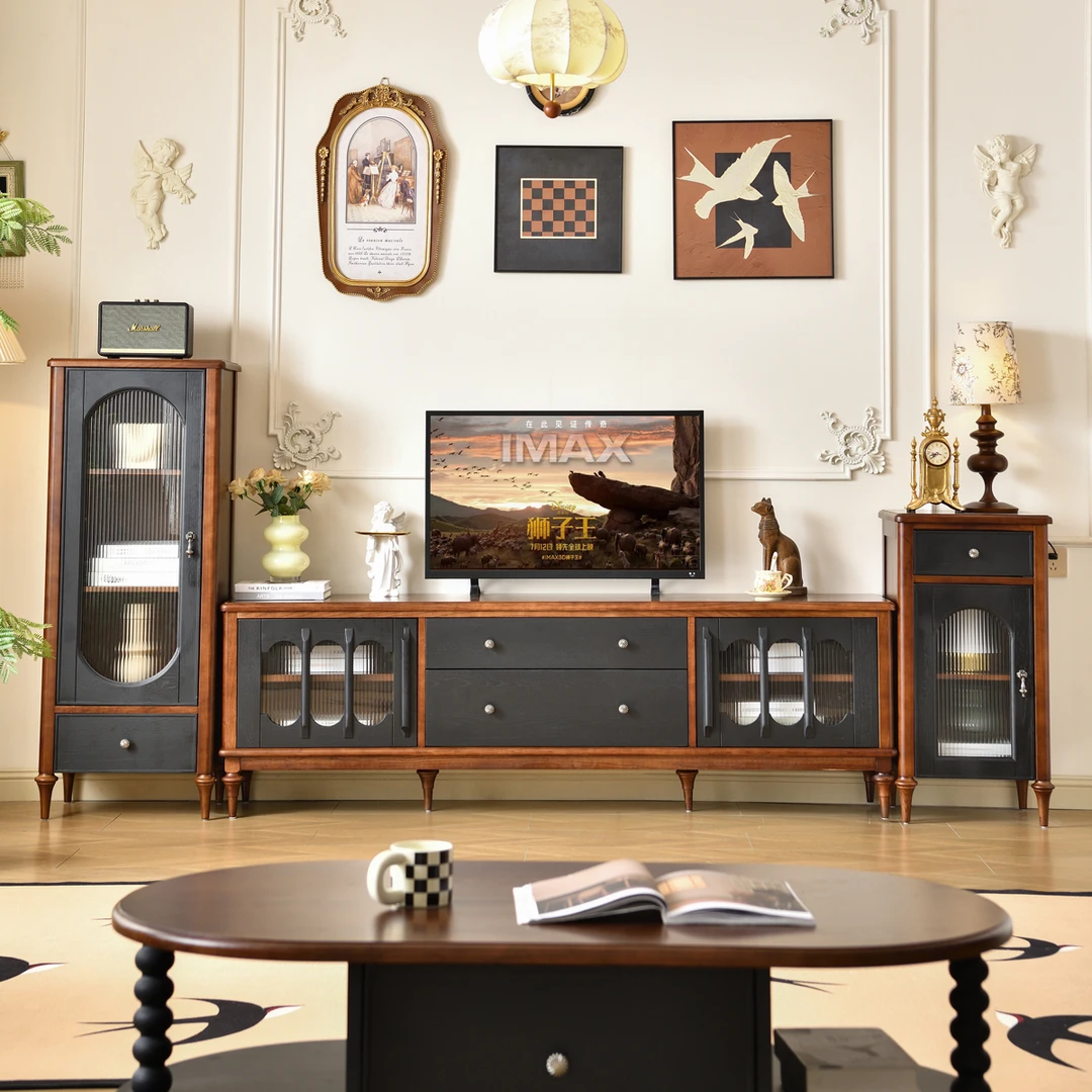 美式复古实木电视边柜家用储物柜法式中古风客厅单门置物矮角边柜