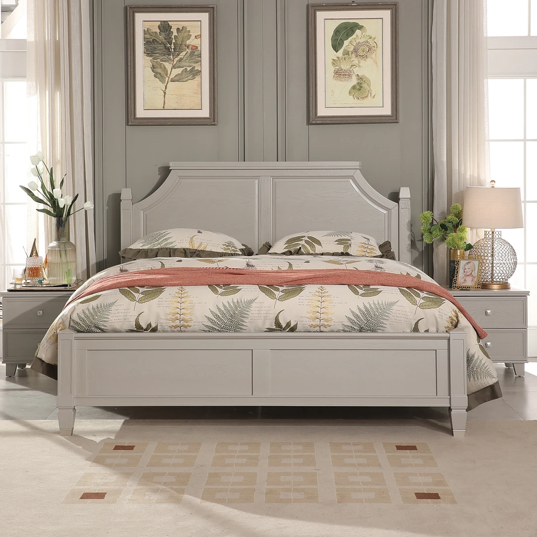 美式轻奢灰色实木床现代简约主卧双人床1.8米家用小户型单人大床