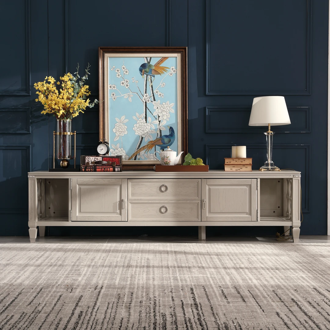 全实木现代简约电视柜家用客厅美式轻奢复古灰色2.2m米开门电视柜