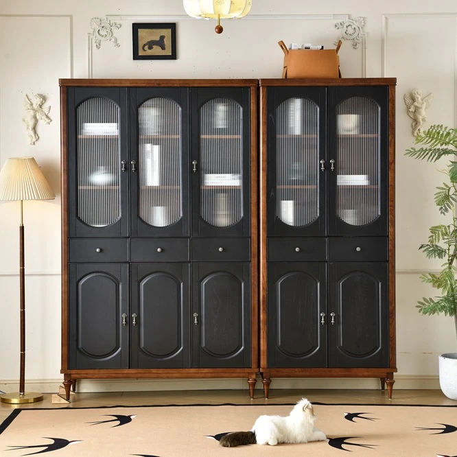 书柜美式复古黑棕色全实木带玻璃门法式中古风书橱文件柜办公室柜