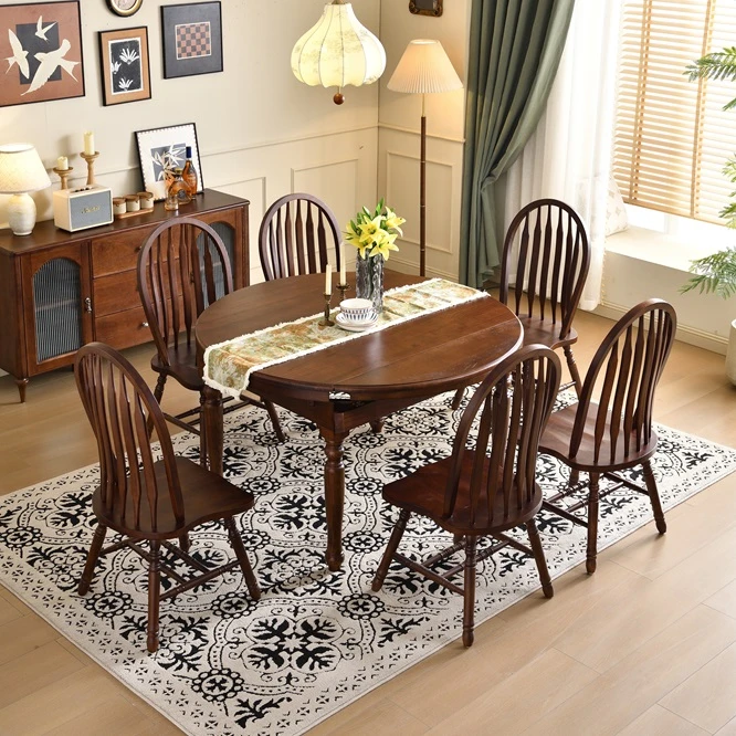 美式复古全实木餐桌家用客厅折叠餐桌中古餐厅推拉两用轻奢吃饭桌