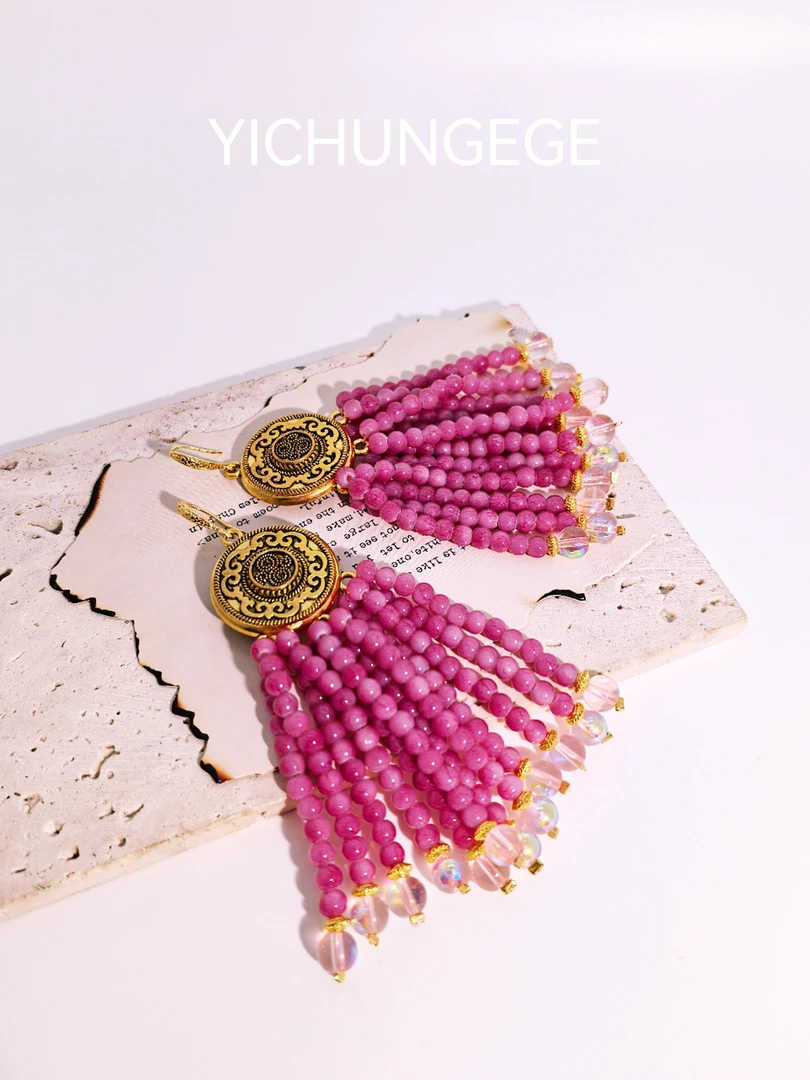 YI CHUN GE GE 铜合金耳饰 原创设计中古港风时尚流苏长款耳饰