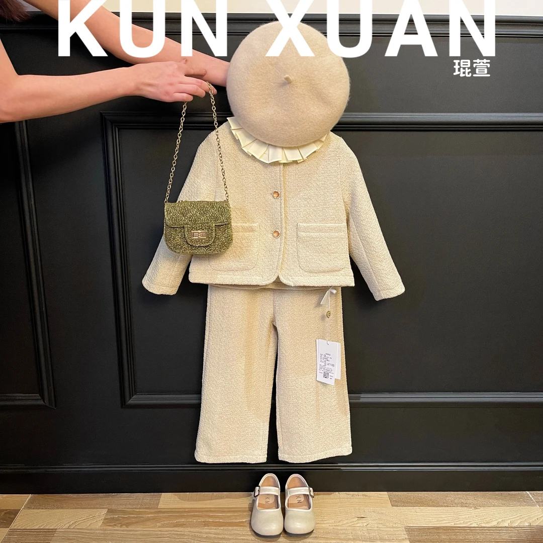 【琨萱】“奶酥小赫本”女童秋款时尚气质小香风粗花呢套装 23AU005
